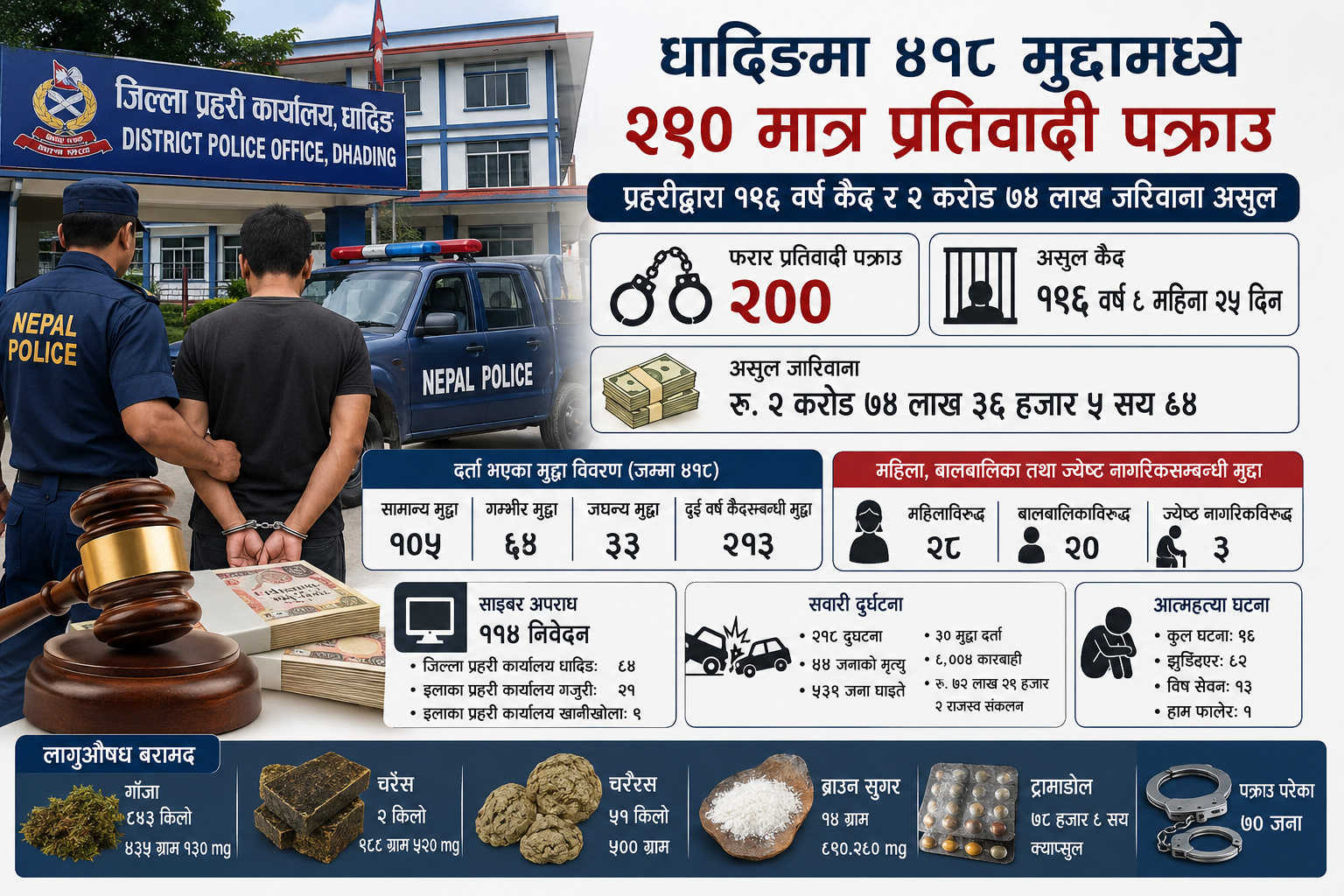 धादिङ प्रहरीद्वारा १९६ वर्ष कैद र २ कराेड ७४ लाख जरिवाना असुल : ४१८ मुद्दा दर्ता