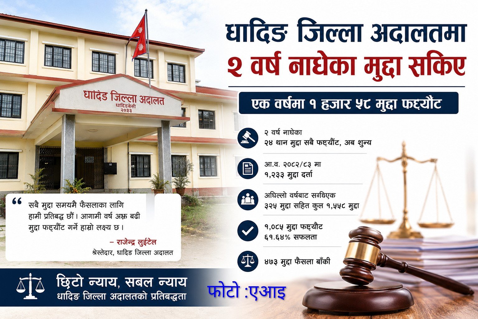 धादिङ जिल्ला अदालतमा २ वर्ष नाघेका मुद्दा सकिए : एक वर्षमा १ हजार ५८ मुद्दा फर्छ्याैट